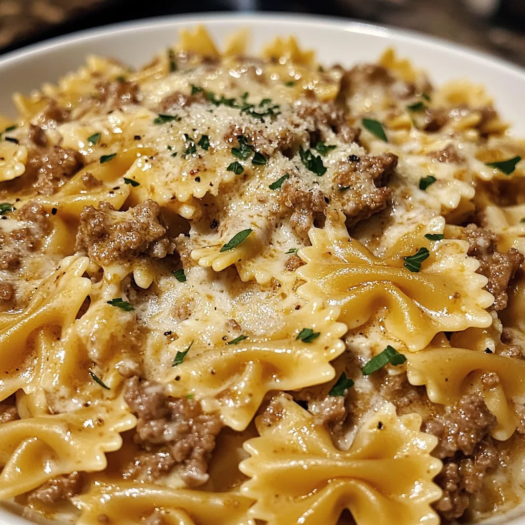 Garlic Parmesan Bowtie Pasta with Creamy Beef