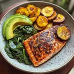 Glazed Salmon with Plantains, Spinach & Avocado Bliss Bowl