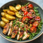 Herbed Chicken Bowl with Crispy Potatoes & Tomato Caper Salad