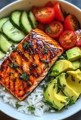 Honey-Glazed Salmon Bowl with Rice, Avocado, Cucumber & Tomato Herb Salad