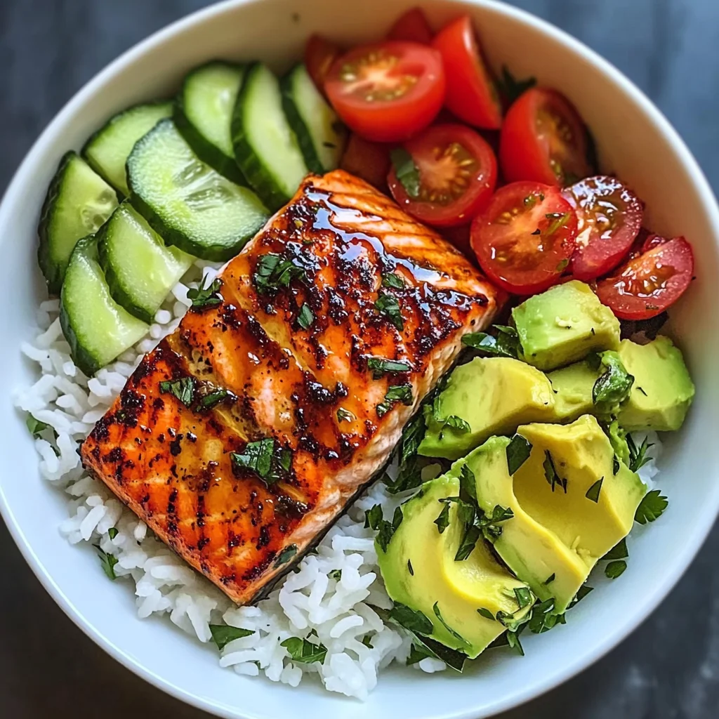 Honey-Glazed Salmon Bowl with Rice, Avocado, Cucumber & Tomato Herb Salad