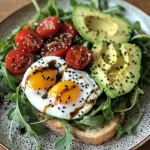 Poached Egg & Arugula Salad with Avocado, Tomato & Cream Cheese Toast