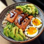 Salmon, Brown Rice & Soft-Boiled Egg Bowl with Avocado
