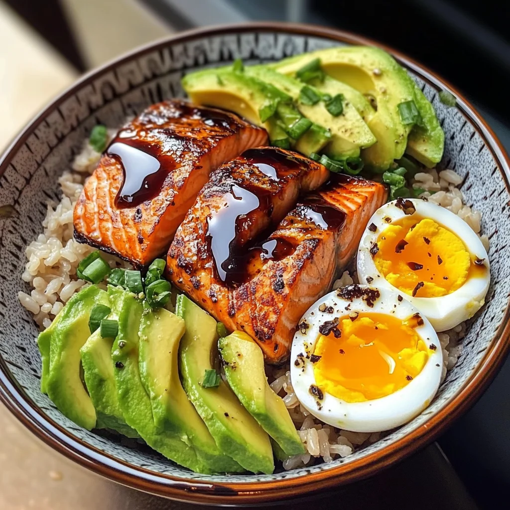 Salmon, Brown Rice & Soft-Boiled Egg Bowl with Avocado