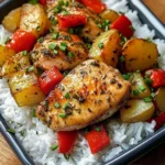 Savory Herb Chicken with Roasted Potatoes, Bell Peppers & Steamed Rice