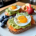 Smoked Salmon & Egg Avocado Toast Plate with Fresh Fruit & Tea